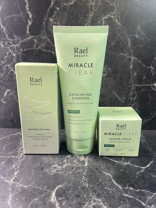 Rael Beauty Miracle Clear Exfoliating Cleanser, Gel Cream, and Barrier Cream