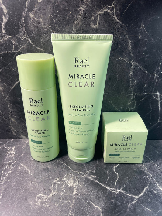 Rael Beauty Miracle Clear Exfoliating Cleanser, Clarifying Toner, and Barrier Cream