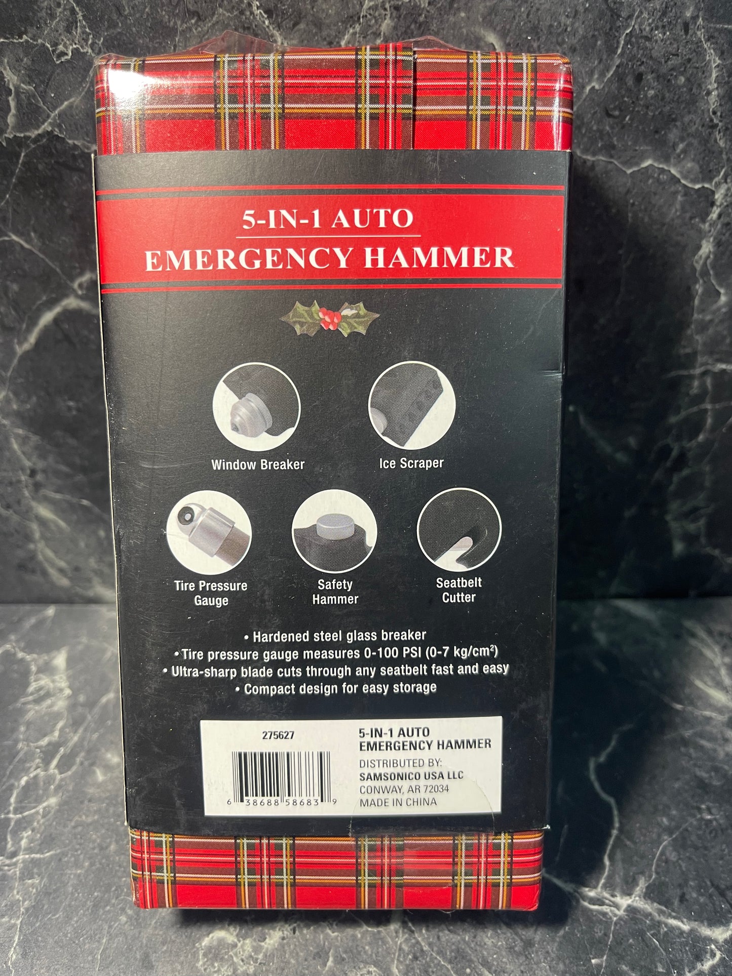 Car Emergency 5 In 1 Hammer, Breaker, Scraper, Cutter, Hammer, & Pressure Gauge