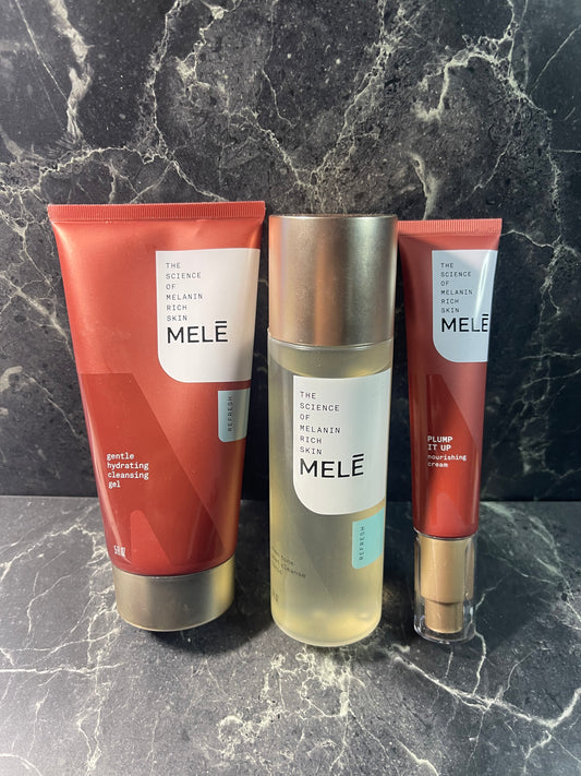 Mele Hydrating cleansing gel, Even tone post cleanse tonic, and nourishing cream