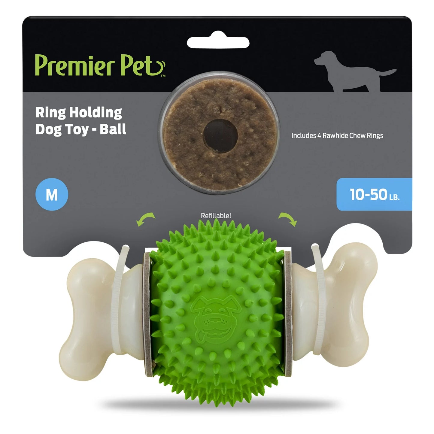 Premier Pet Ring Holding Dog Toy for Medium Dogs - Ball w/ Refillable Chew Rings